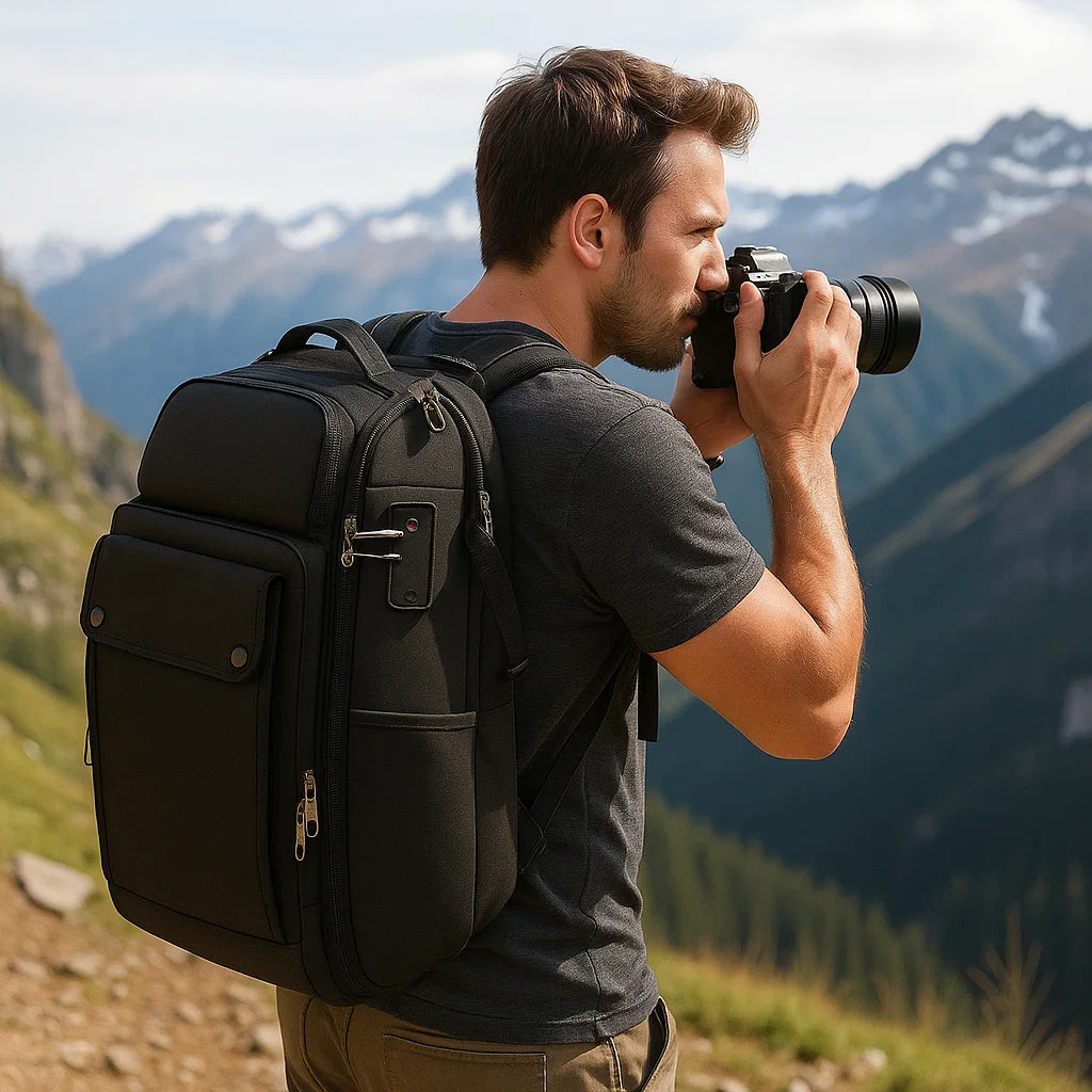 Homme en randonnée portant un sac à dos photo pro noir avec port USB et appareil reflex