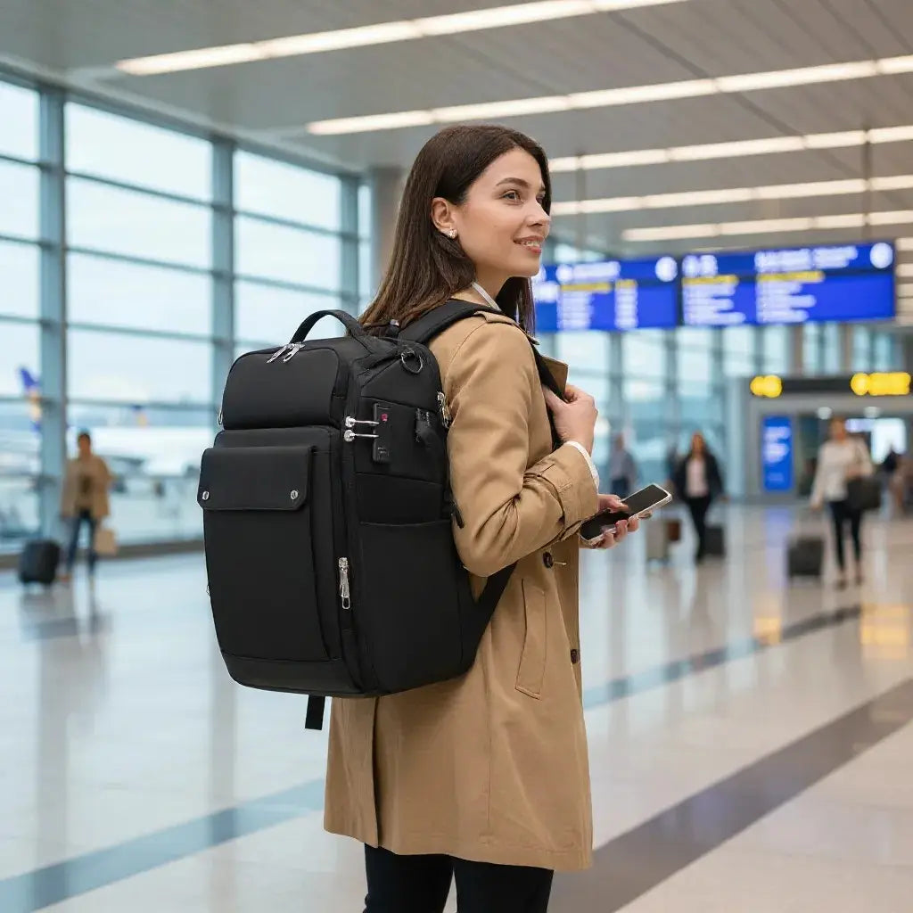 Femme portant un sac photo pro noir à l’aéroport avec compartiment appareil photo et ordinateur