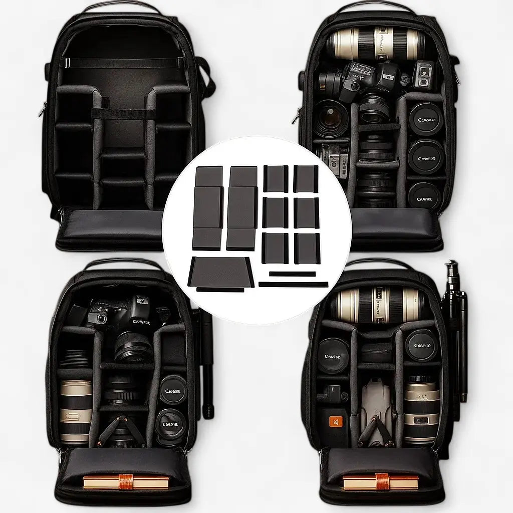 Vue intérieure complète du sac photo pro avec rangements pour objectifs, batteries et reflex