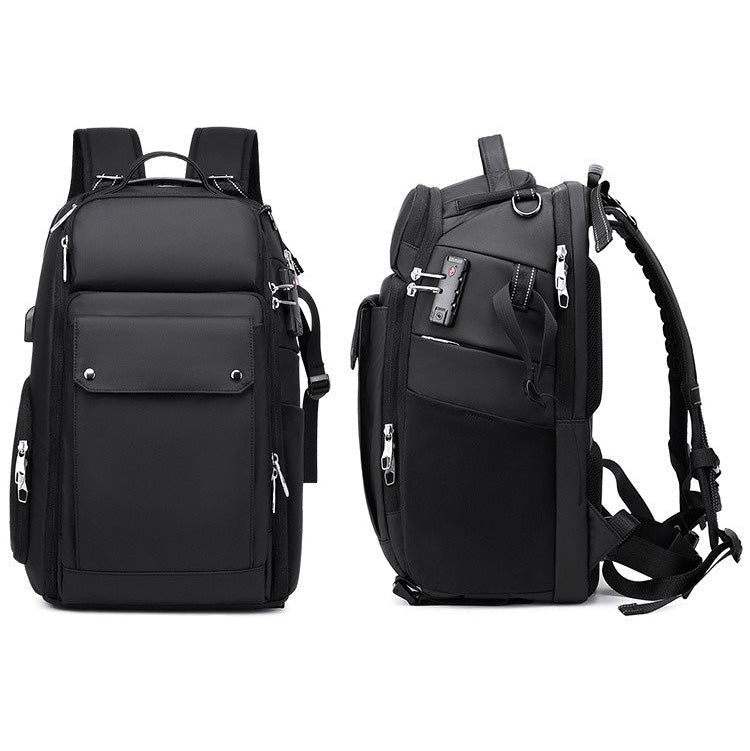 Sac photo pro noir présenté de face, de côté et en perspective avec poches zippées