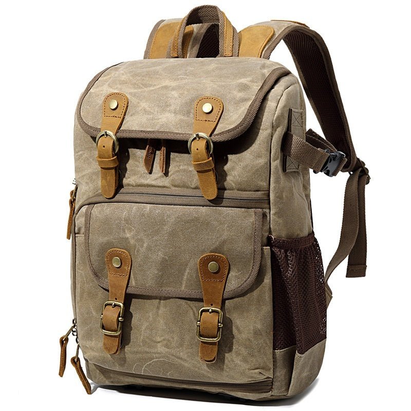 sac à dos appareil photo en toile beige style vintage pour homme