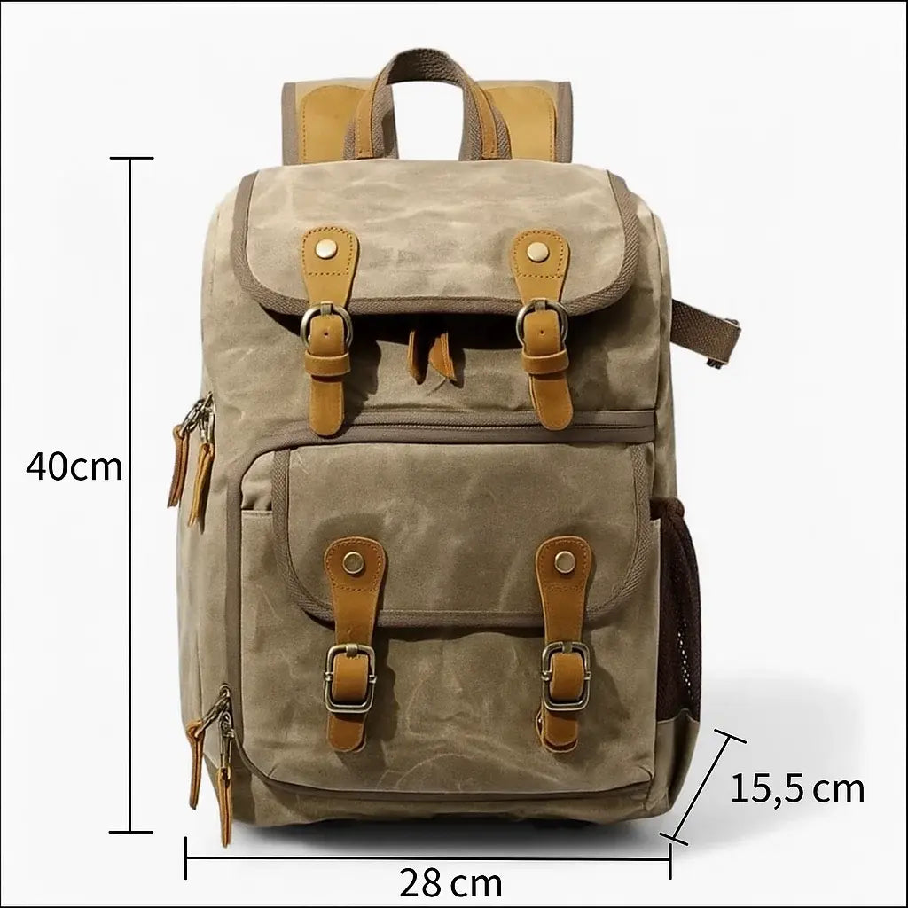 Sac photo en toile imperméable avec dimensions 28 × 15,5 × 40 cm et boucles en métal