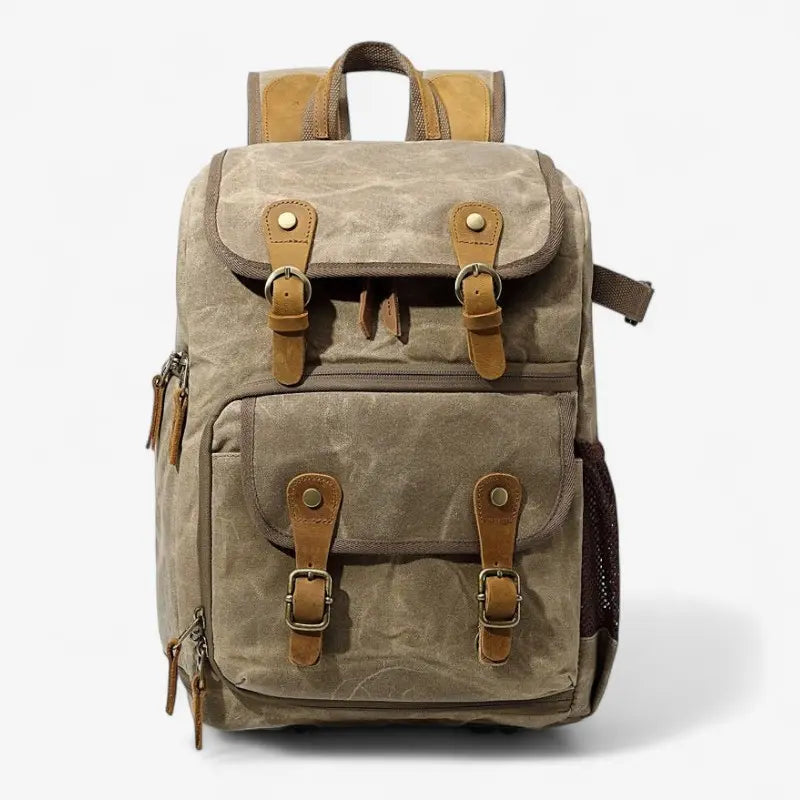 Sac à dos photo en toile imperméable avec renforts cuir PU, design vintage et boucles en métal