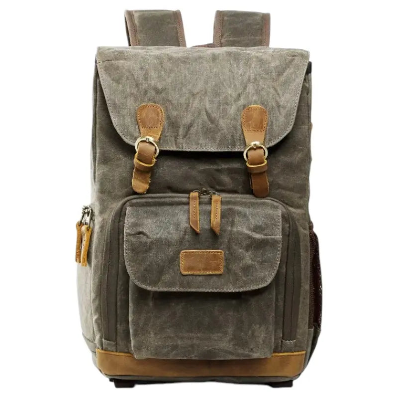 Sac à dos photo vintage en toile kaki avec boucles en cuir et poche frontale