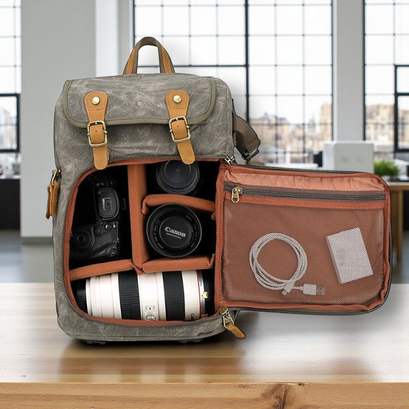 Sac photo vintage en toile imperméable avec poches internes et rangements photo sur table