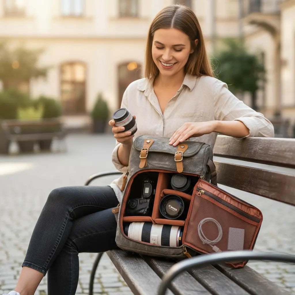 Femme utilisant un sac photo en toile imperméable avec compartiments modulables pour reflex et objectifs