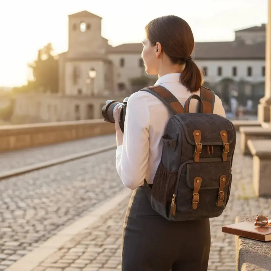 Femme portant un sac photo vintage en toile imperméable avec renforts cuir PU