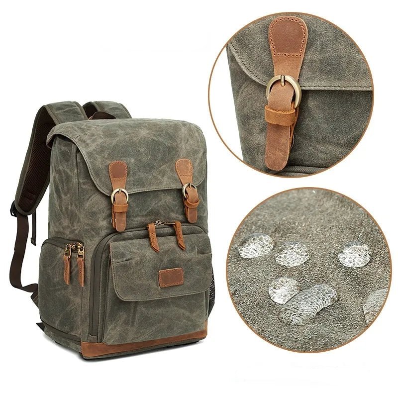 Détails en cuir et tissu imperméable du sac à dos photo en toile verte