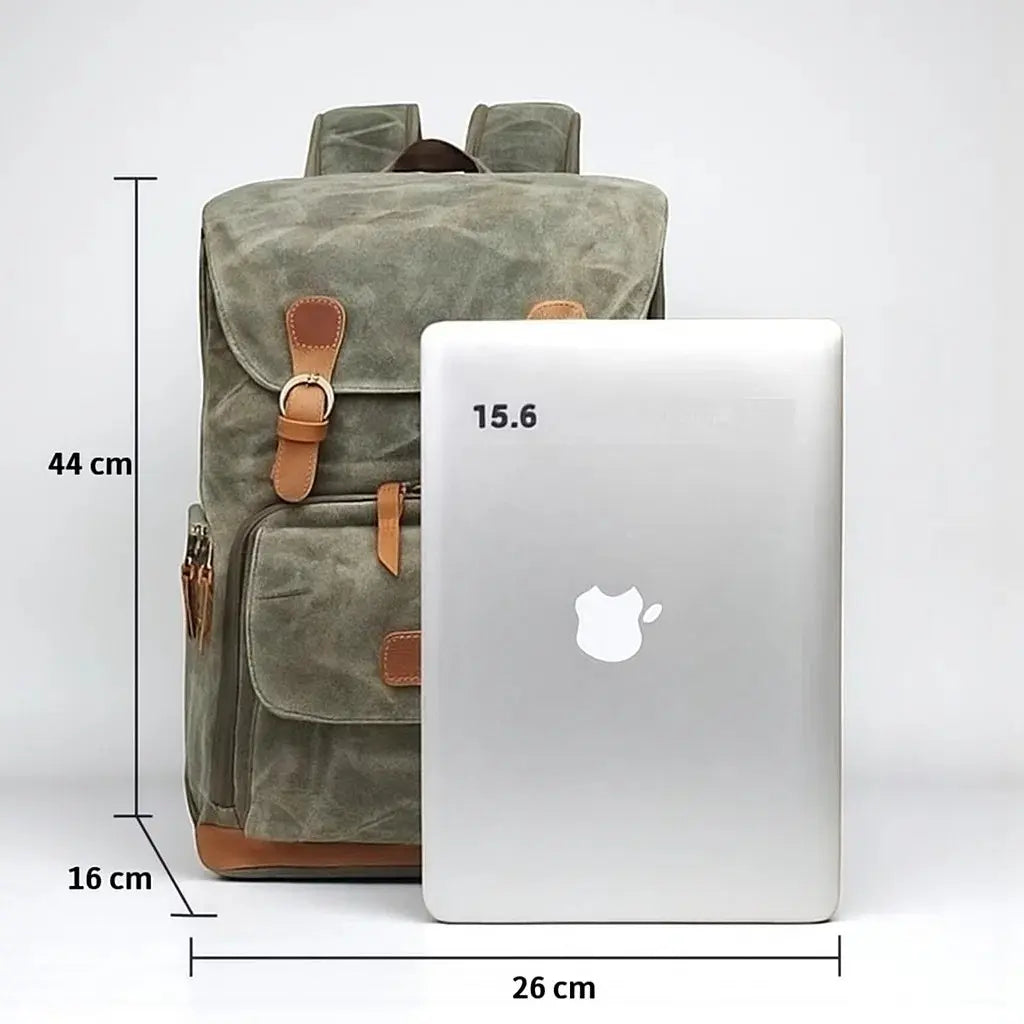 Dimensions du sac à dos photo en toile verte 44 × 30 × 16 cm avec compartiment PC