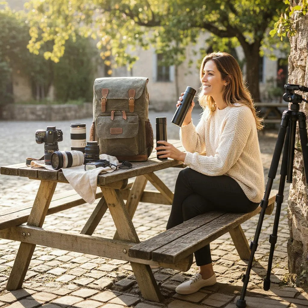 Femme utilisant un sac à dos photo en toile verte lors d’une séance photo en extérieur