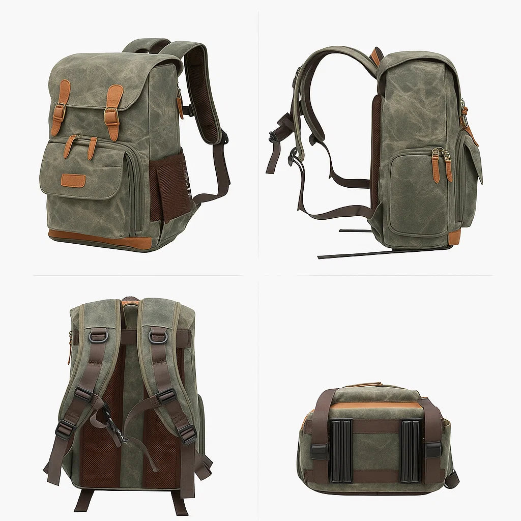 Vue de profil et de dos d’un sac à dos photo en toile verte avec bretelles ajustables