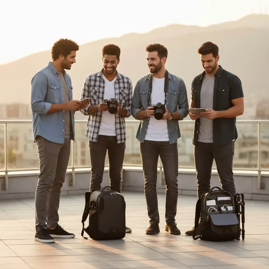 Photographes utilisant un sac à dos photo noir étanche avec trépied et équipement reflex