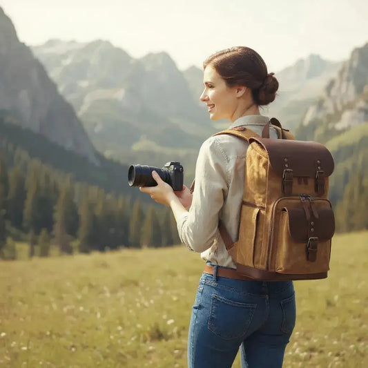 Femme portant un sac à dos photo vintage étanche en toile et cuir, idéal pour randonnée et photographie en extérieur