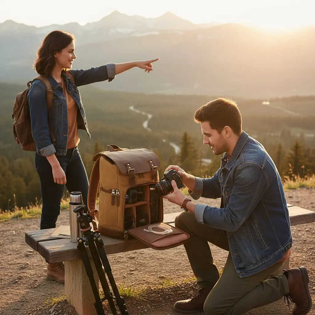 Couple de photographes utilisant un sac à dos photo vintage rétro étanche avec trépied en montagne