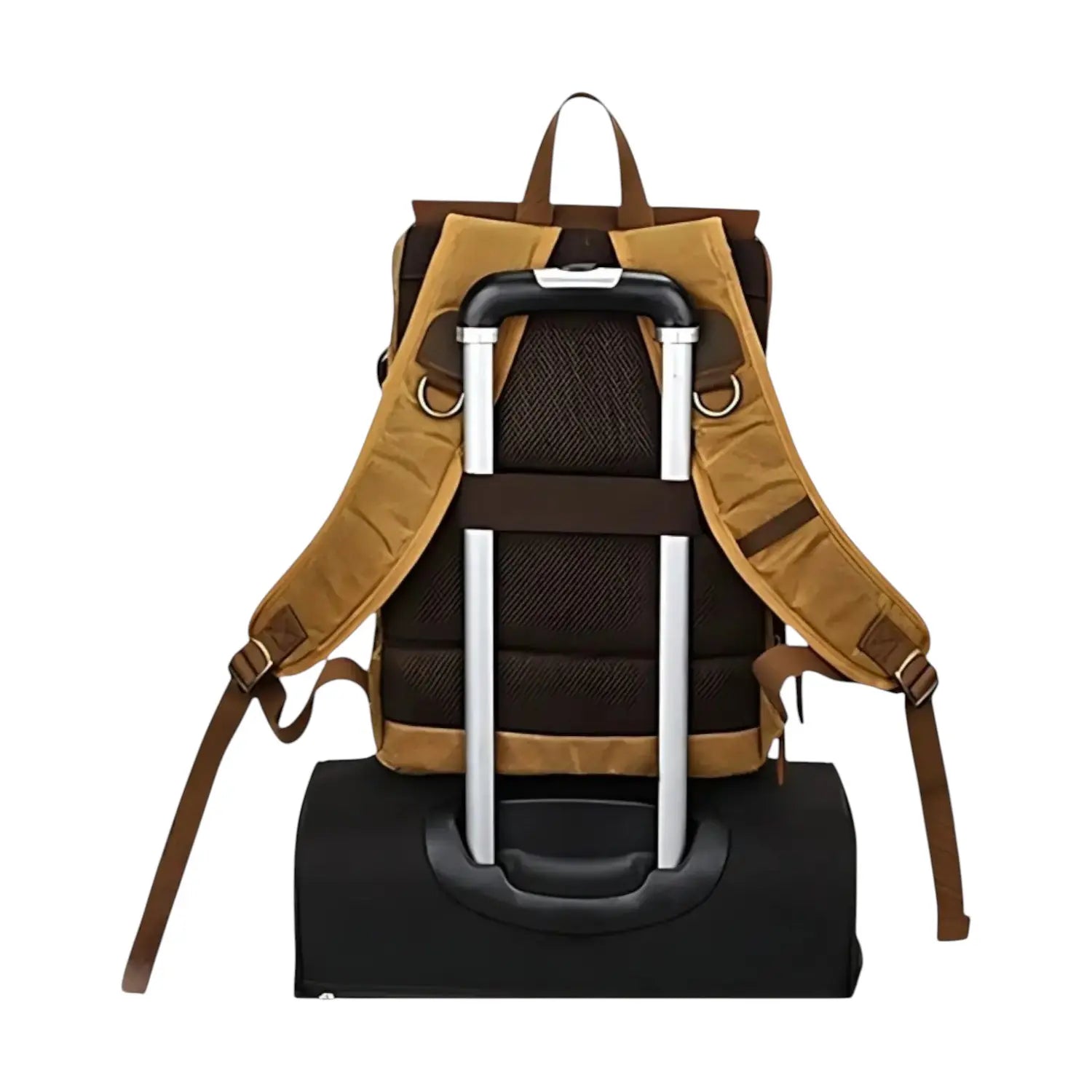 Sac à dos photo vintage étanche fixé sur une valise grâce à une sangle arrière