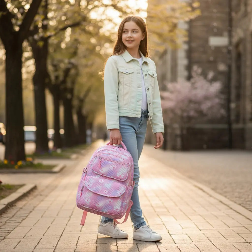 Sac à dos scolaire fille rose grande capacité porté en extérieur devant l’école