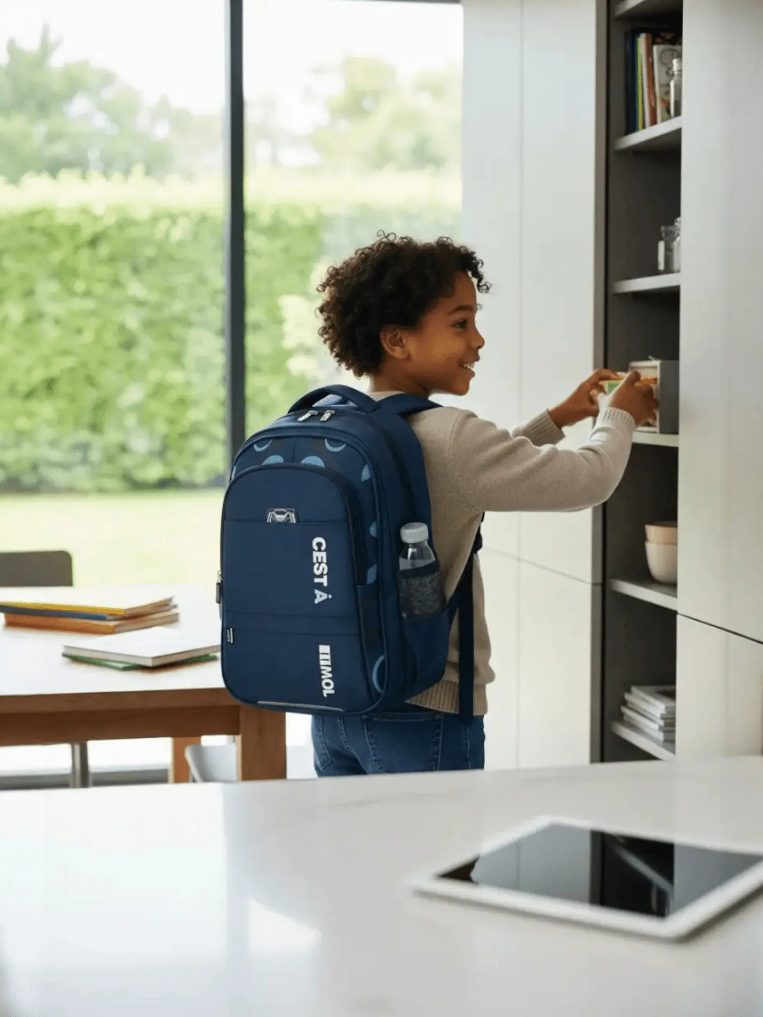 Sac à dos scolaire orthopédique bleu porté par un enfant de primaire, avec bretelles ergonomiques et poche latérale pour gourde