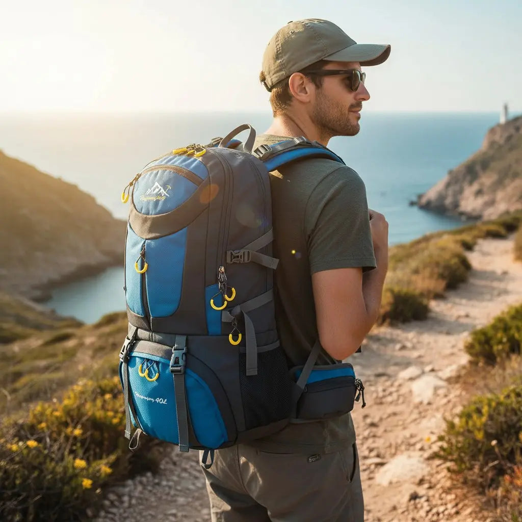 Randonneur équipé d’un sac à dos de randonnée 40L bleu sur un chemin côtier