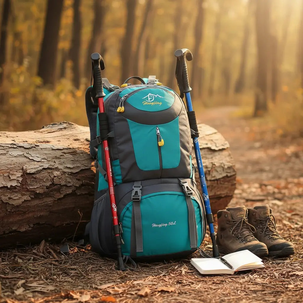 Sac à dos de randonnée 40L bleu posé au sol avec équipement de trekking en forêt