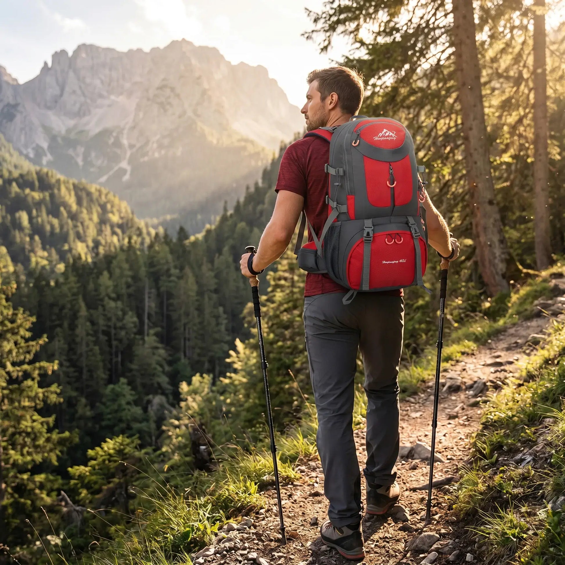 Randonneur avec sac à dos de randonnée 40L rouge sur un sentier de montagne