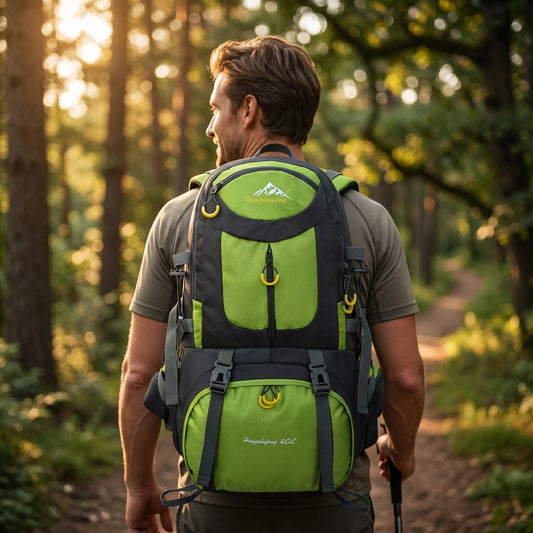 Randonneur portant un sac à dos de randonnée 40L vert sur un sentier en forêt