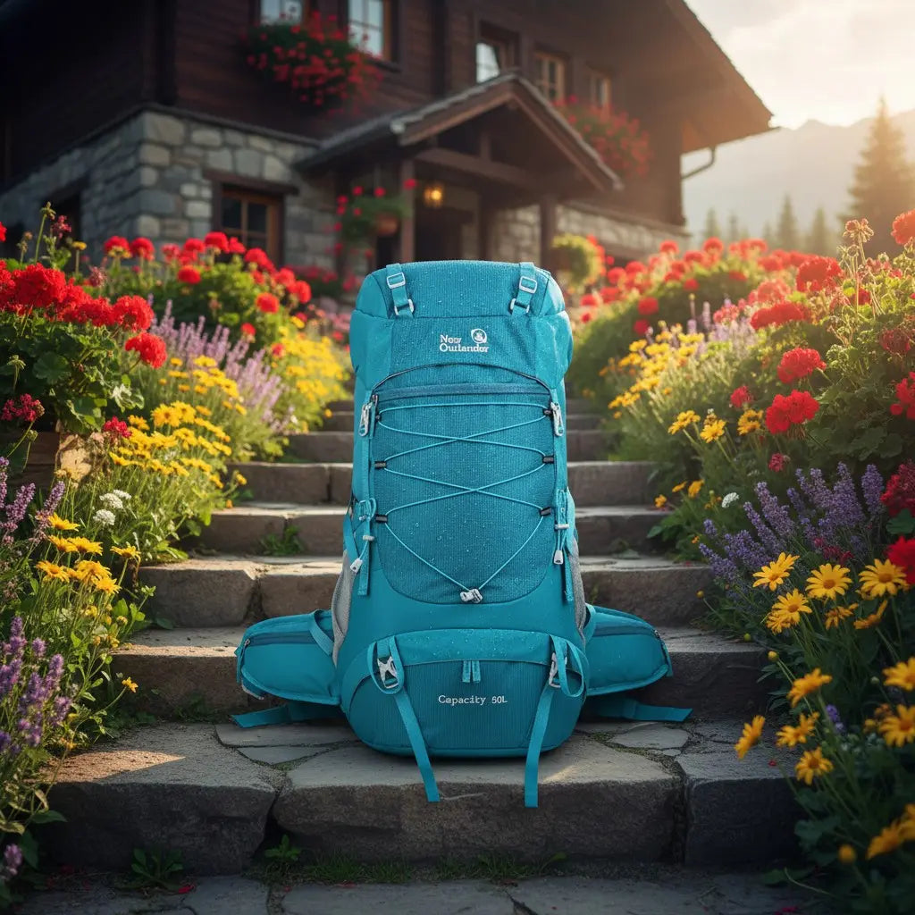 Sac à dos de randonnée 50L bleu posé sur des marches entourées de fleurs colorées