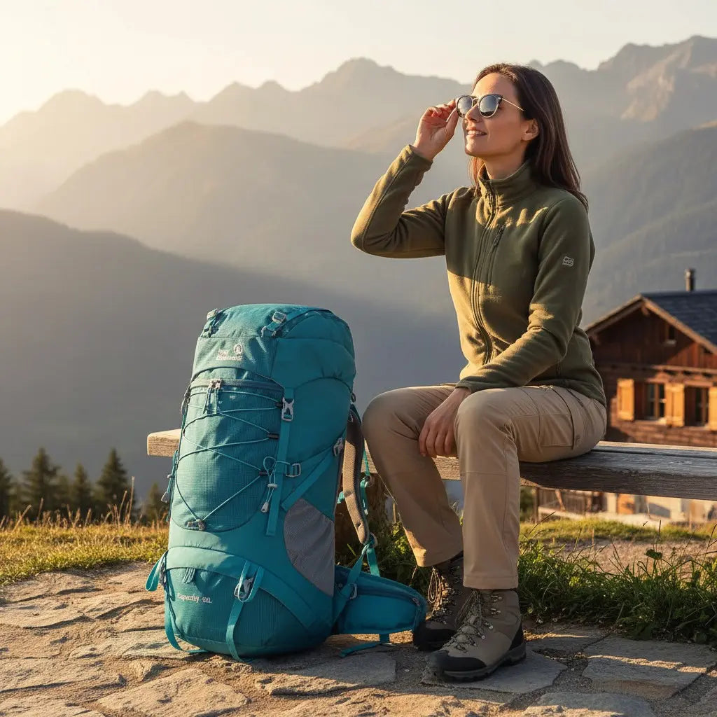 Randonneuse assise en montagne avec un sac à dos de randonnée 50L bleu