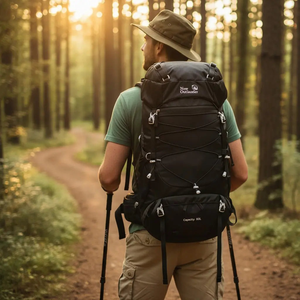 Randonneur portant un sac à dos de randonnée 50L noir sur un sentier forestier