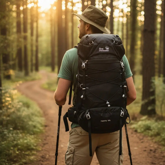 Randonneur portant un sac à dos de randonnée 50L noir sur un sentier forestier