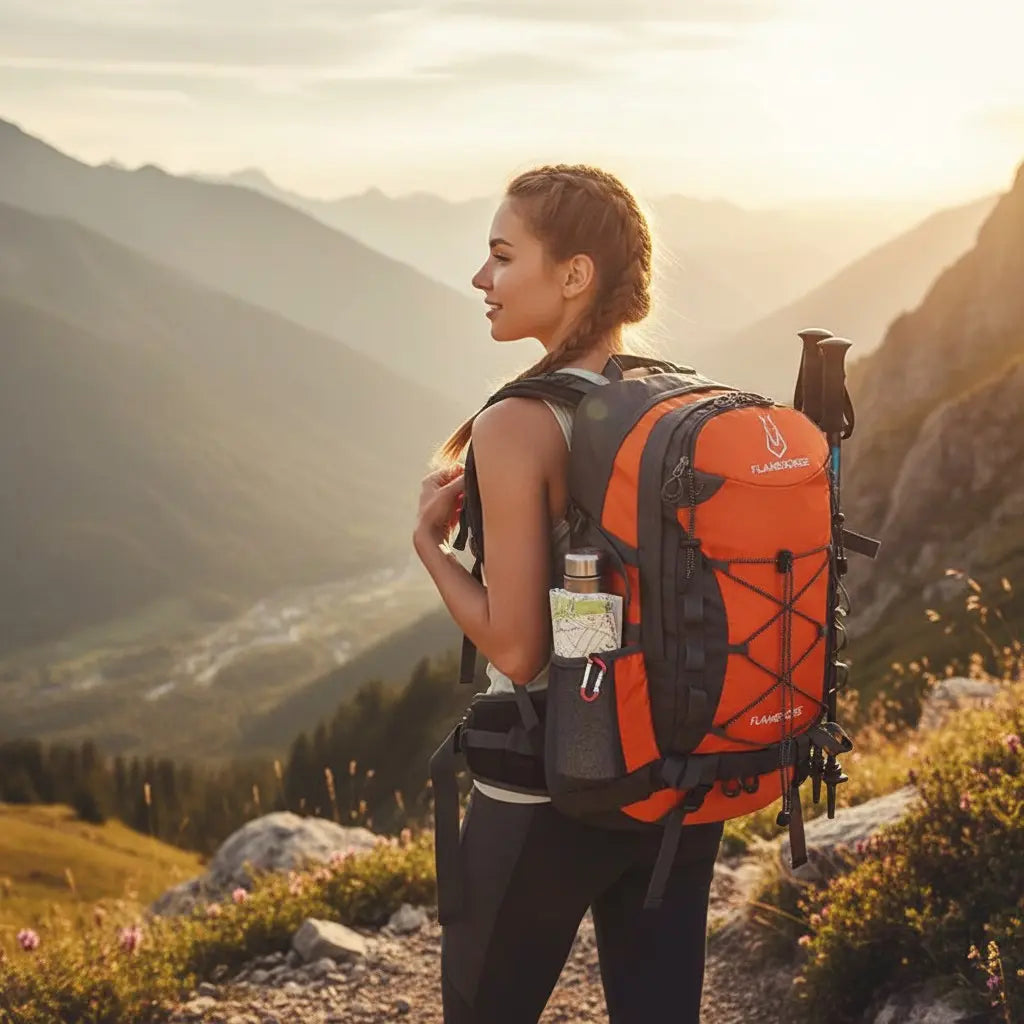 Femme portant un sac à dos randonnée 50L orange en montagne