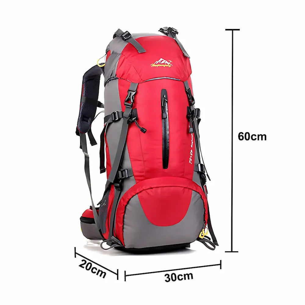 Sac à dos de randonnée 50L rouge avec dimensions 60x30x20 cm