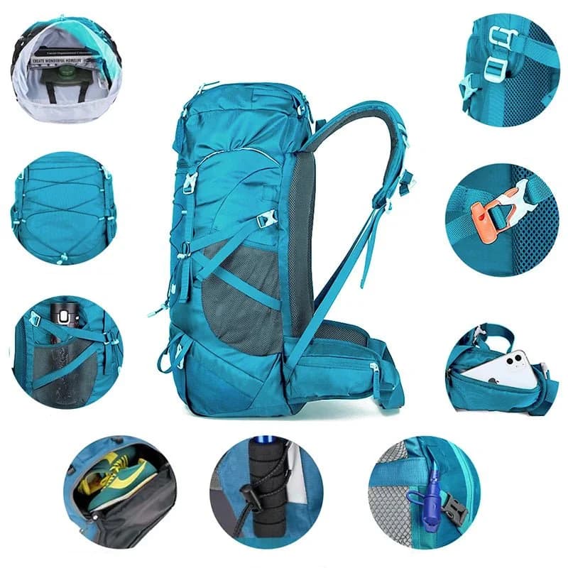 Sac à dos randonnée 50L turquoise avec détails des fonctionnalités