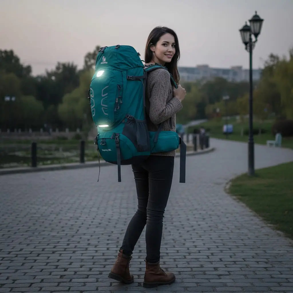 Sac à dos de randonnée 60L turquoise avec bandes réfléchissantes visibles la nuit pour la sécurité