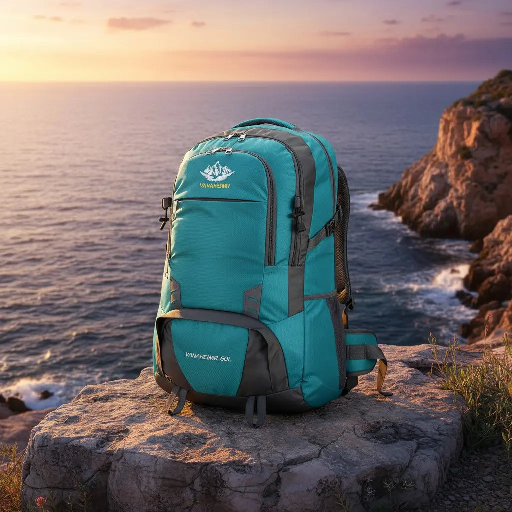 Sac à dos de randonnée 60L bleu posé sur un rocher face à un paysage côtier