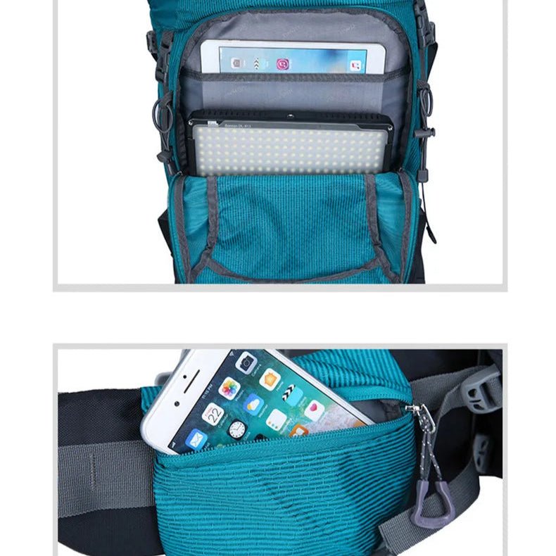 Détail des poches zippées et des rangements latéraux du sac à dos de randonnée 60L