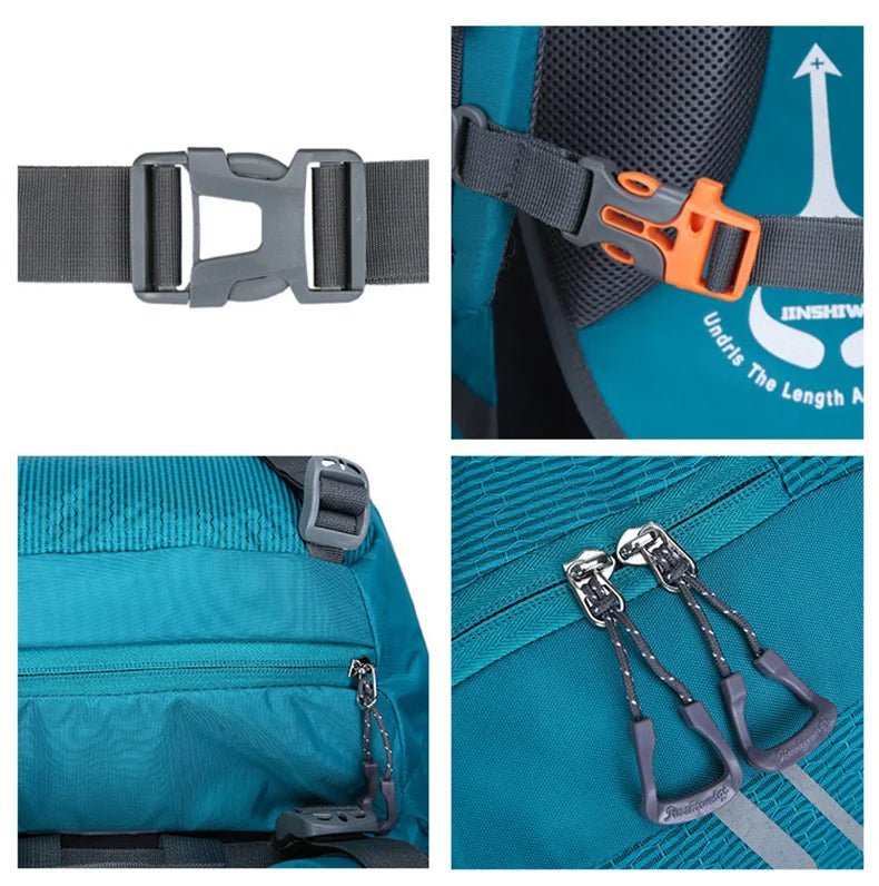 Détails des sangles, attaches et boucles du sac à dos de randonnée 60L turquoise, conçues pour le matériel de camping