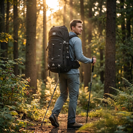 Randonneur portant un sac à dos de randonnée 60L noir sur un sentier forestier