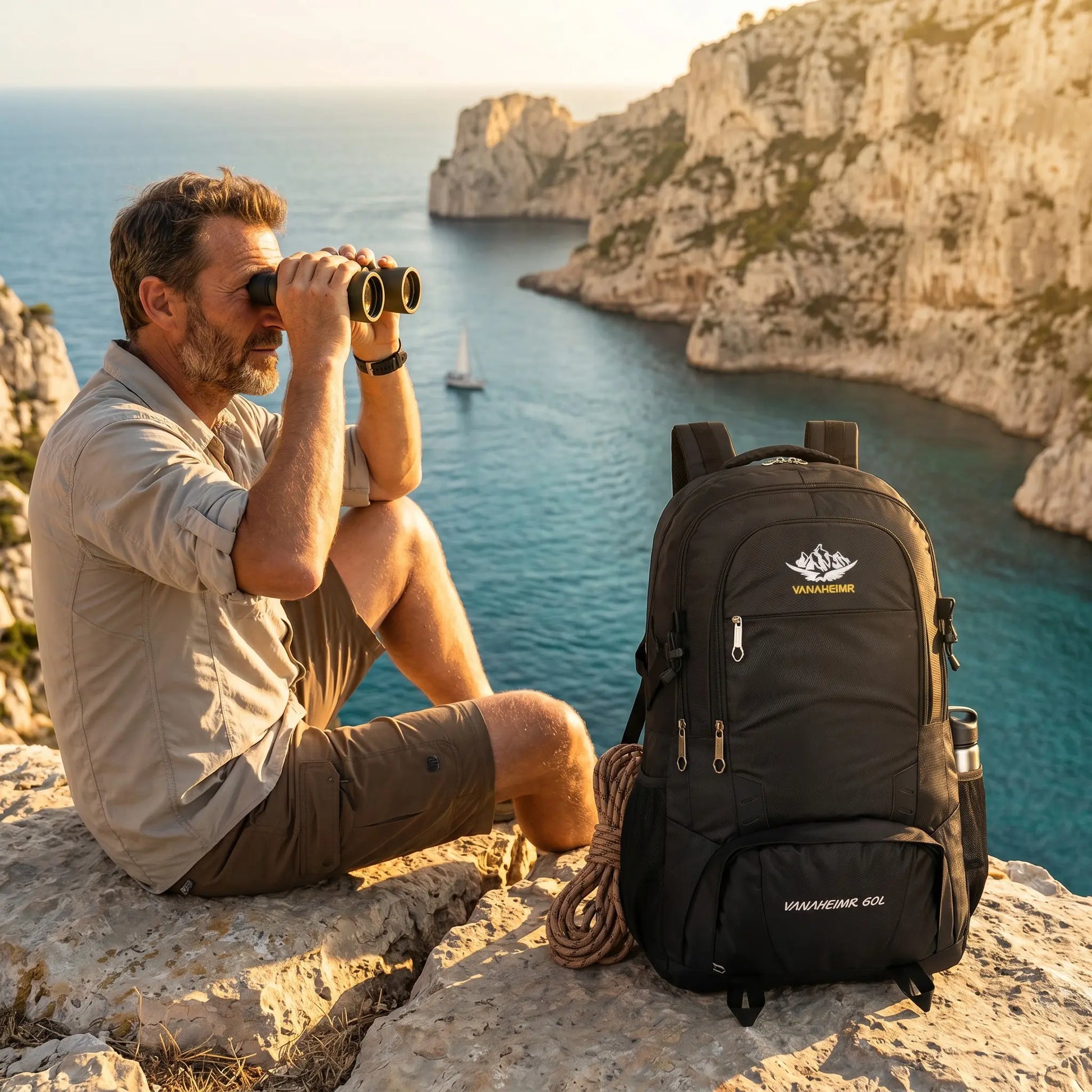 Sac à dos de randonnée 60L noir posé au sol lors d'une pause face à la mer