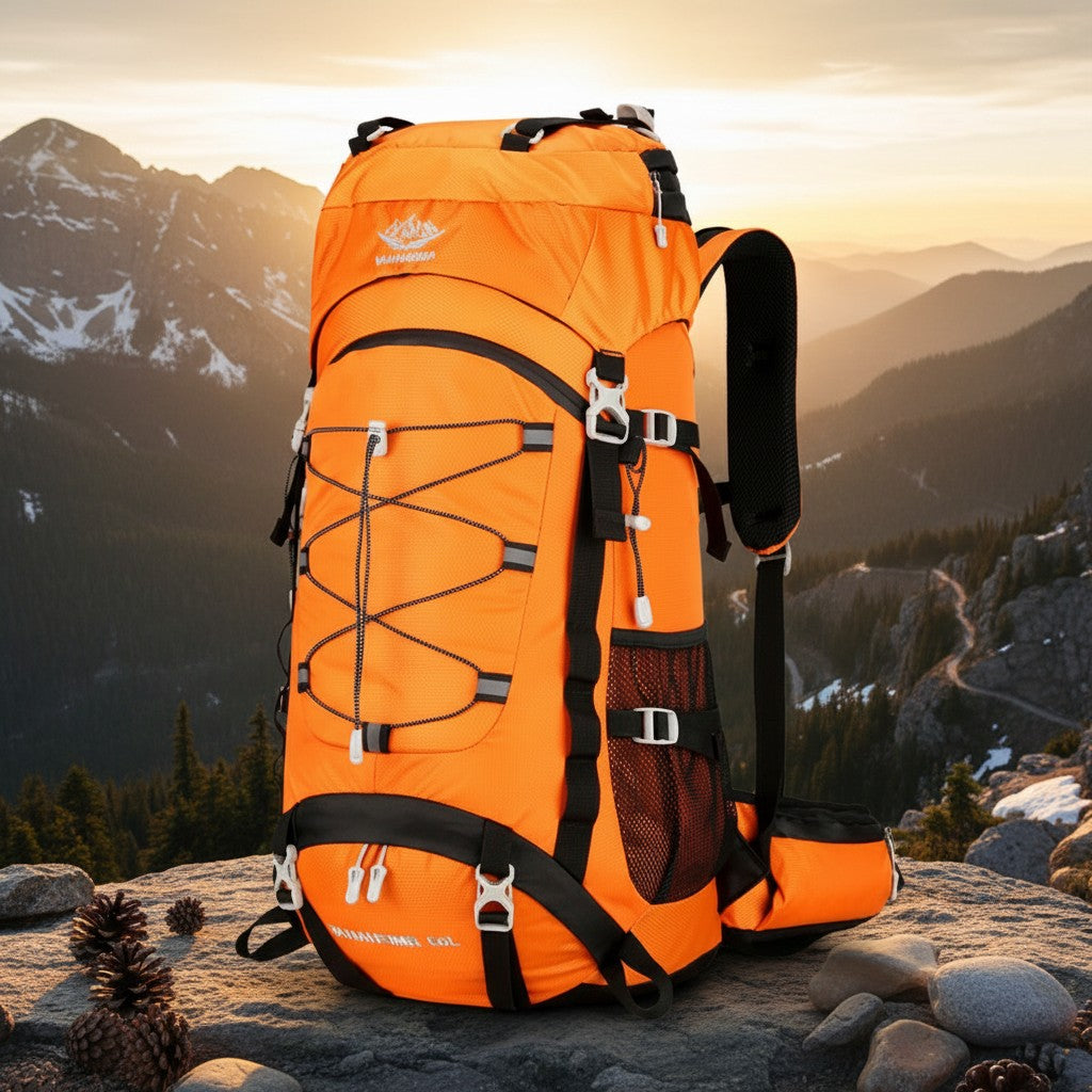 Sac à dos de randonnée 60L orange avec système de maintien et housse de pluie intégrée