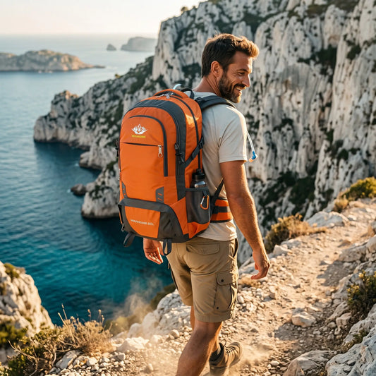 Randonneur portant un sac à dos de randonnée 60L orange sur un sentier en bord de mer