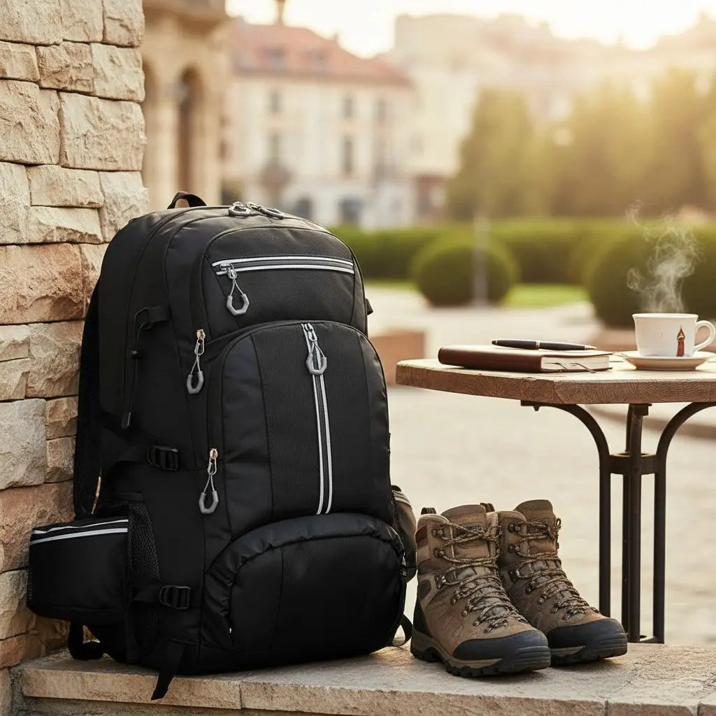 Sac à dos de randonnée 60L noir avec chaussures de trekking et équipement outdoor en extérieur