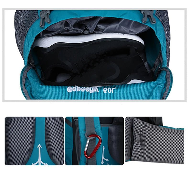 Vue frontale du sac à dos de randonnée 60L turquoise ouvert, affichant la grande fermeture éclair frontale