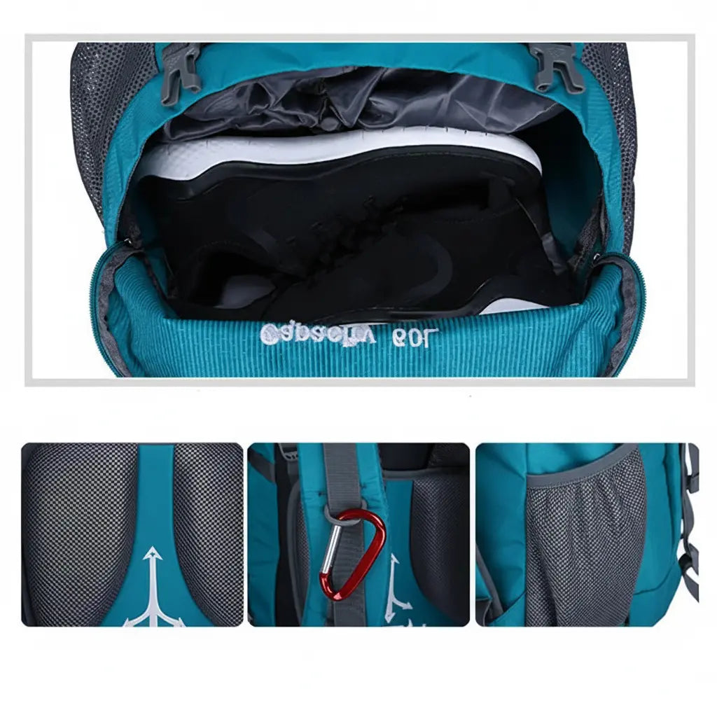 Vue frontale du sac à dos de randonnée 60L turquoise ouvert, affichant la grande fermeture éclair frontale
