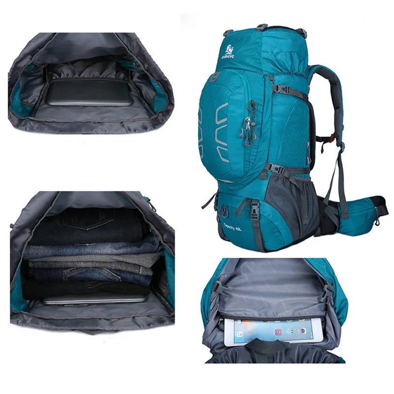 Ouverture principale du sac à dos de randonnée 60L turquoise montrant le compartiment supérieur spacieux