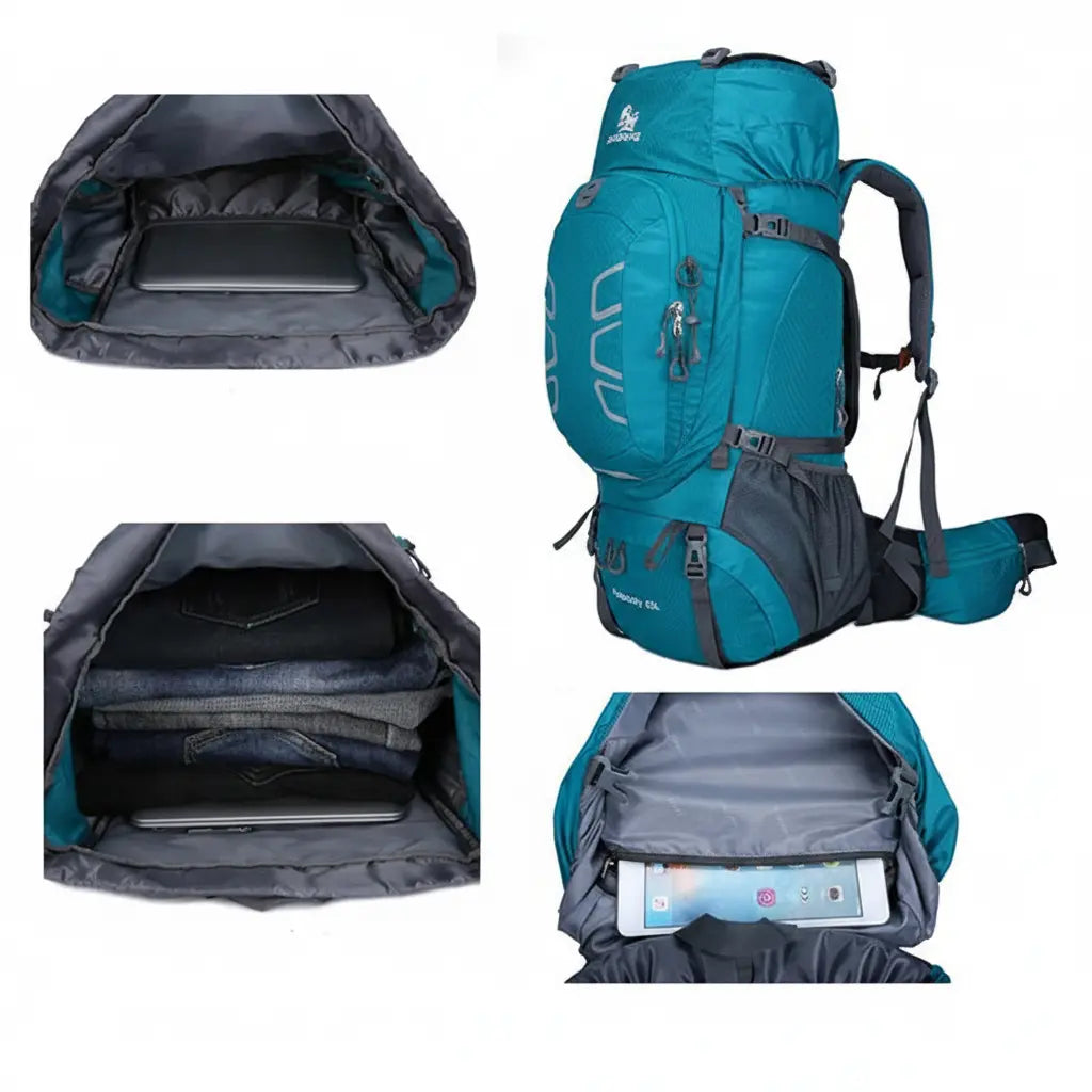 Ouverture principale du sac à dos de randonnée 60L turquoise montrant le compartiment supérieur spacieux