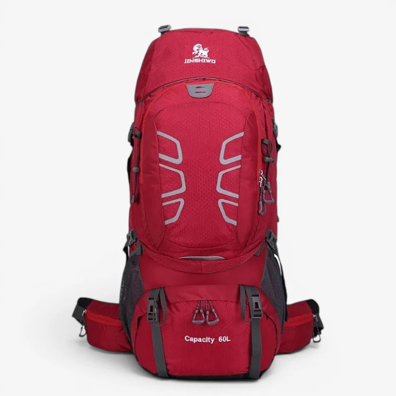 Sac à dos de randonnée 60L rouge avec logo blanc, sangles ajustables et tissu Oxford résistant