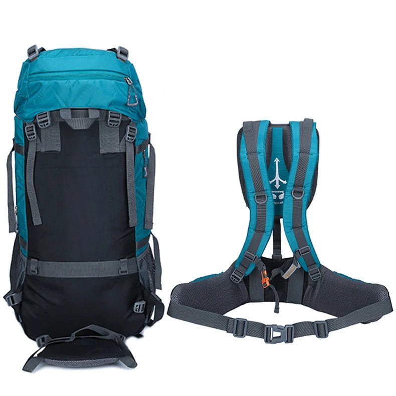 Vue latérale du sac à dos de randonnée 60L turquoise avec indication des dimensions 32×26×75 cm