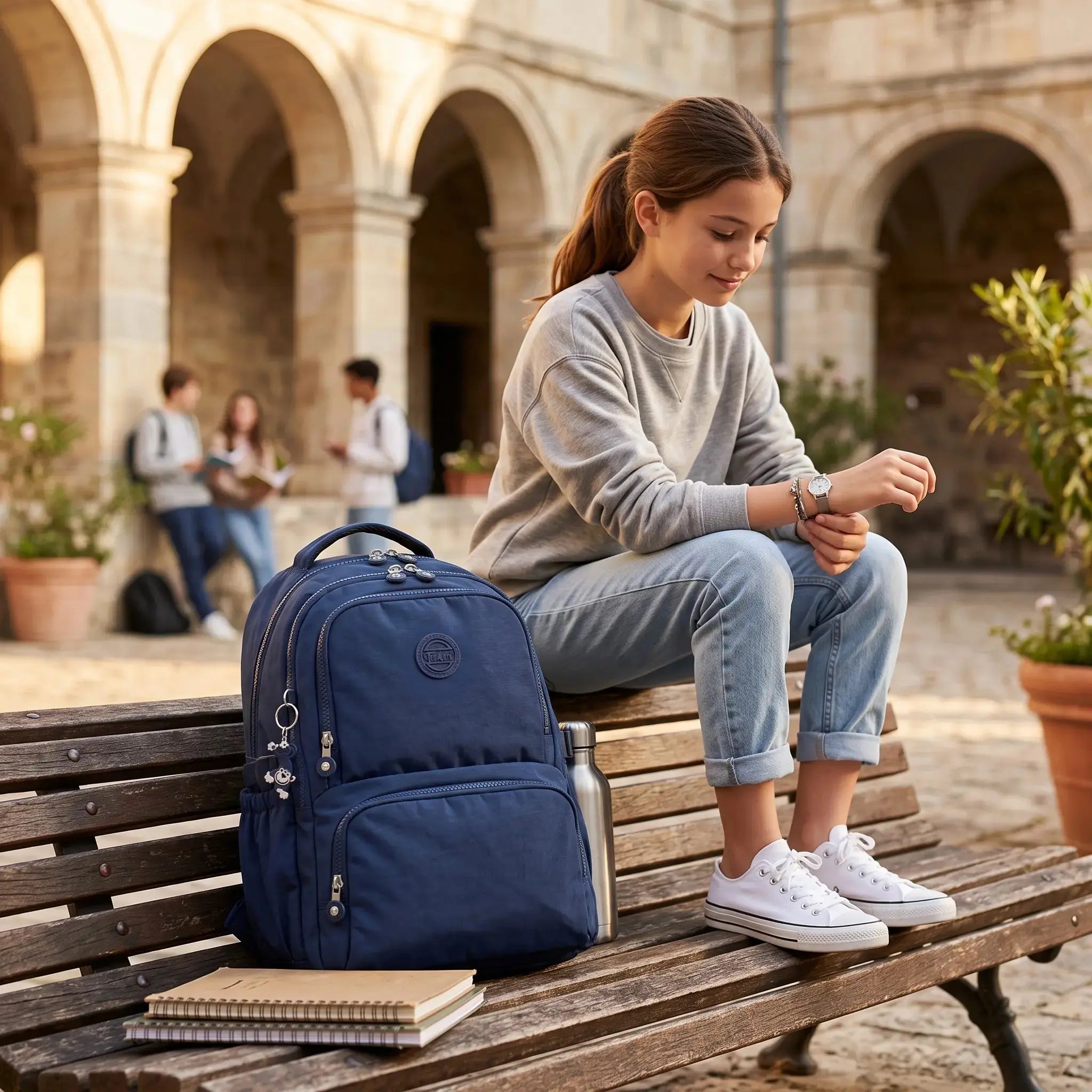 Enfant assise sur un banc avec un sac à dos scolaire bleu marine multifonction devant une école