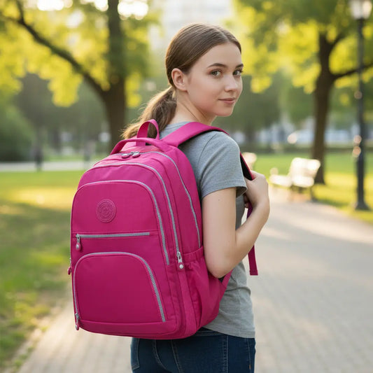 Sac à dos scolaire rose 35L porté par une collégienne en extérieur