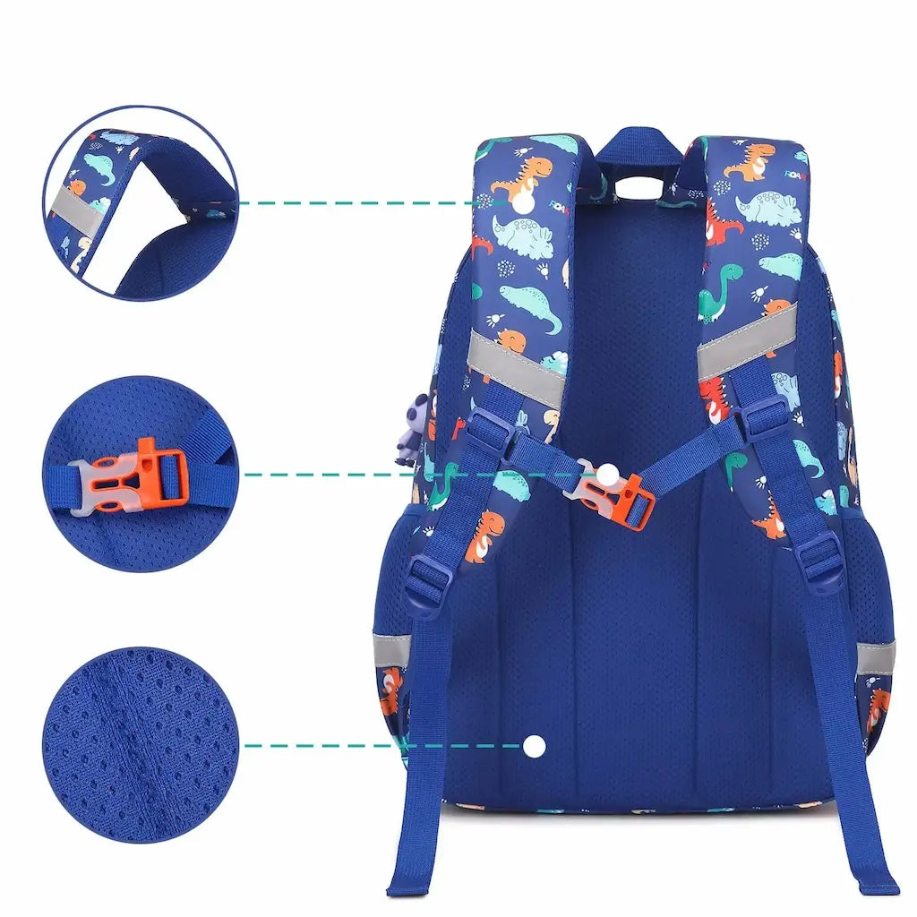 Sac à dos scolaire enfant bleu à motifs dinosaures, vue de dos avec détails sur les bretelles, la sangle pectorale et le tissu respirant.